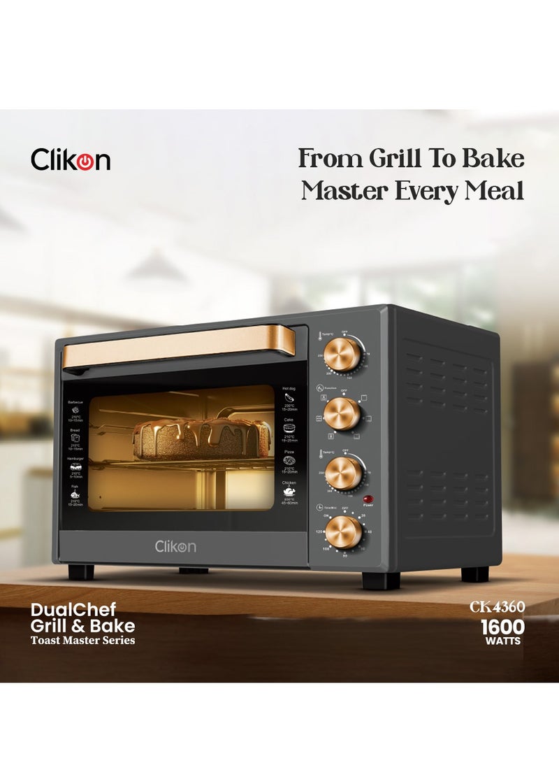 Clikon Dual Chef Grill&Bake 38L Electric Convection Oven with Rotisserie – Multi-Function, Stainless Steel, Adjustable Temperature, Accessories Included 1600 W 38 L 1600 W CK4360 Black and Gold - Image 2