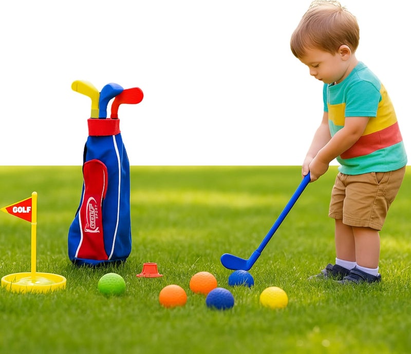 Atlasonix أندية جولف للأطفال الصغار - مجموعة جولف للأطفال الصغار، أندية جولف للأطفال، ألعاب الأطفال (تشمل عربة جولف أصلية للأطفال والقفازات، 8 كرات و3 عصي جولف) ألعاب رياضية في الهواء الطلق، ألعاب خارجية - Image 1