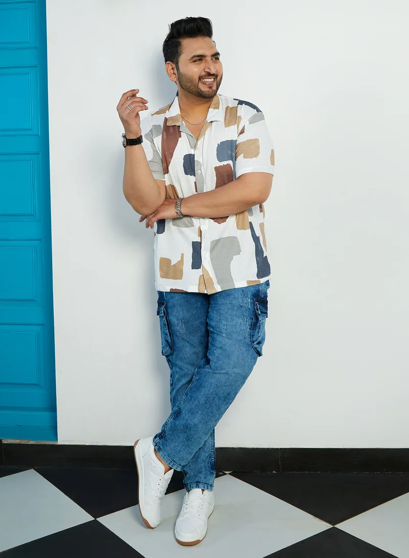 Instafab Plus Instafab Plus Men's Multicolour Bristle-Chaos Oversized Shirt For Casual Wear | Cuban Collar | Short Regular Sleeves | Button Closure | Plus Size Shirt Crafted With Comfort Fit For Everyday Wear