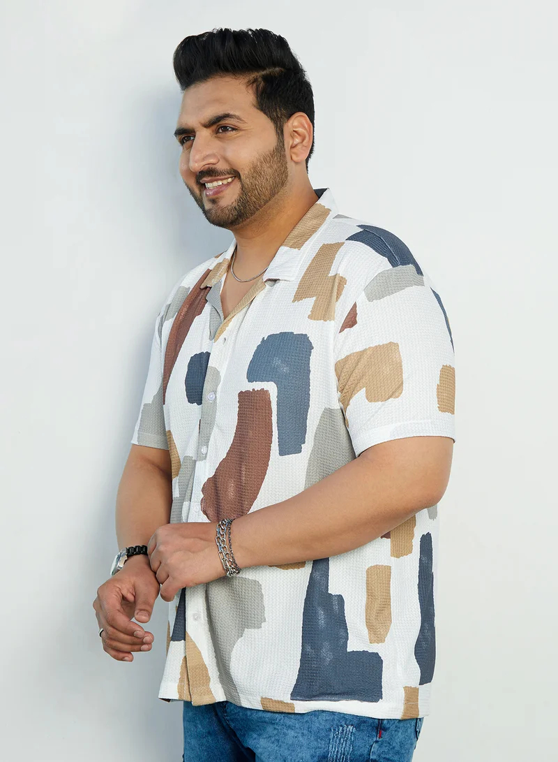 Instafab Plus Instafab Plus Men's Multicolour Bristle-Chaos Oversized Shirt For Casual Wear | Cuban Collar | Short Regular Sleeves | Button Closure | Plus Size Shirt Crafted With Comfort Fit For Everyday Wear