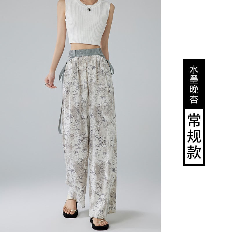 New Chinese Style National Style Pants Womens 2024 Summer High Waist Draped Ink Painting Wide Leg Pants Slimming Straight Pants 7828-Ink Late Apricot