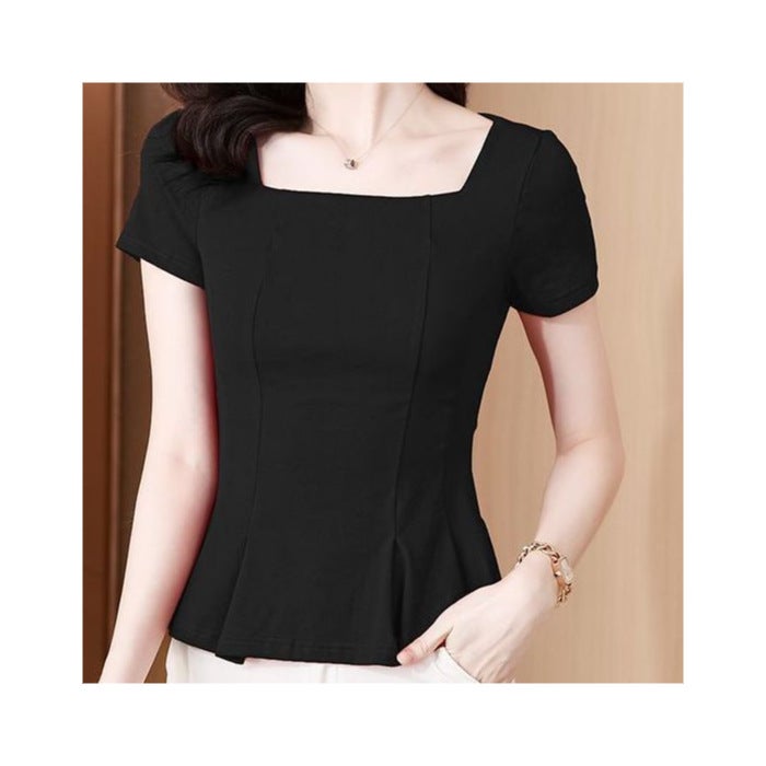 2024 New French Style Skirt Square Collar Waist Choke Top Belly Covering Short-sleeved T-shirt Waistline Stylike Short Slim-fit Small Shirt White - Image 2