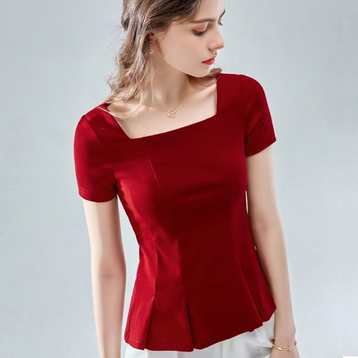 2024 New French Style Skirt Square Collar Waist Choke Top Belly Covering Short-sleeved T-shirt Waistline Stylike Short Slim-fit Small Shirt White - Image 3