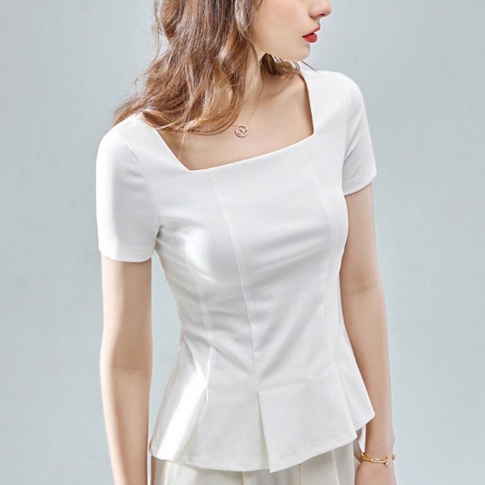 2024 New French Style Skirt Square Collar Waist Choke Top Belly Covering Short-sleeved T-shirt Waistline Stylike Short Slim-fit Small Shirt White - Image 1