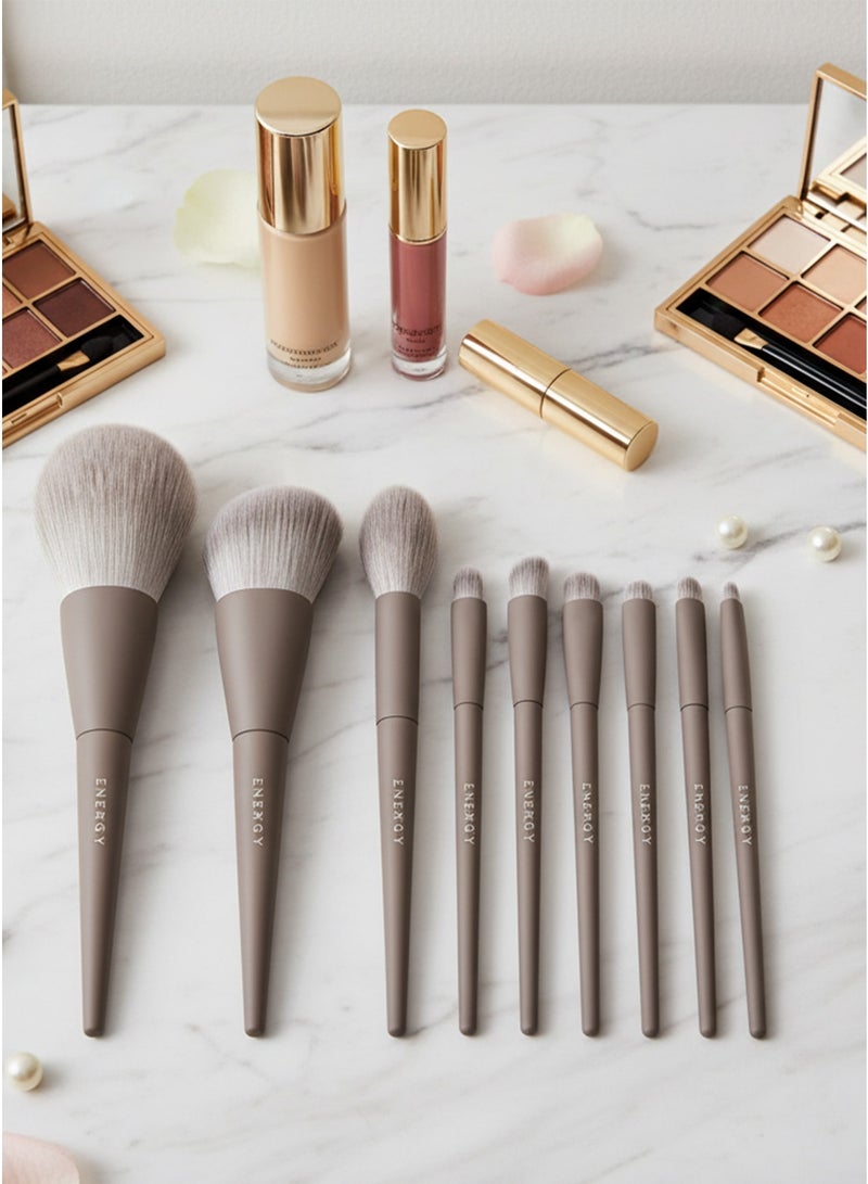 إينرجي مجموعة فرش مكياج ENERGY باللون البني غير اللامع، مكونة من 10 قطع - شعيرات صناعية ناعمة للوجه والعينين - Image 1