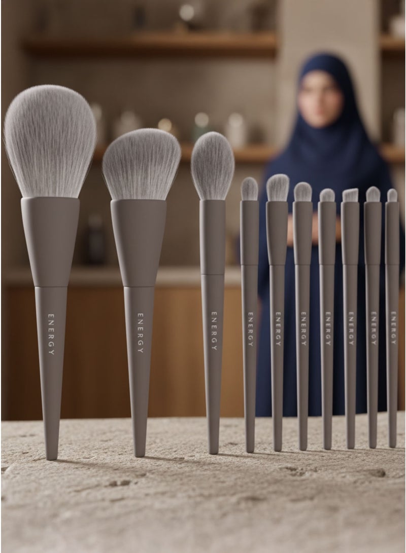 إينرجي مجموعة فرش مكياج ENERGY باللون البني غير اللامع، مكونة من 10 قطع - شعيرات صناعية ناعمة للوجه والعينين - Image 4