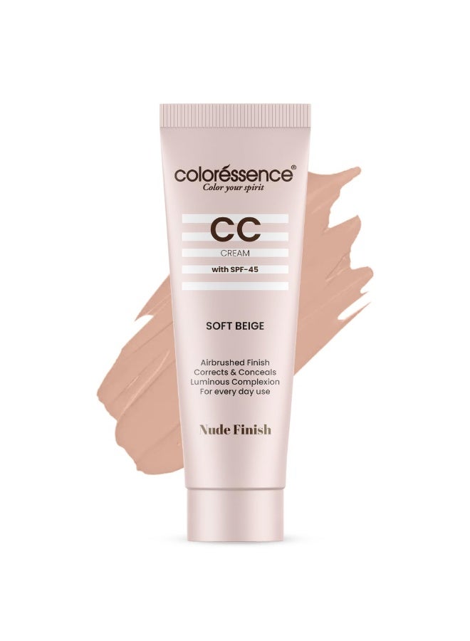Coloressence CC Cream with SPF-45, Soft Beige, 30gm | Nude Finish | Corrects & Conceals | All Skin Types | For Everyday Use - Image 1
