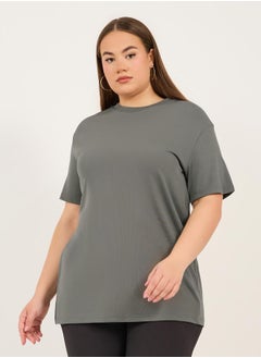 Styli Plus Size Ribbed Knit Round Neck Oversized T-Shirt  - Image 1