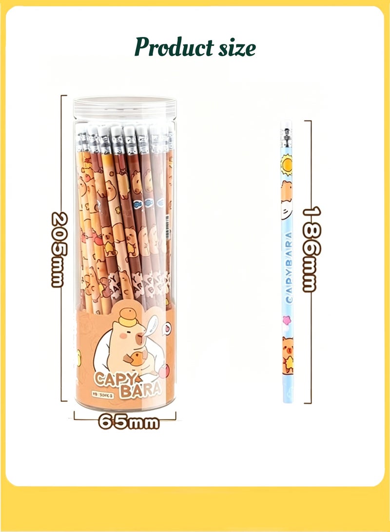 capybara 50 Pack Wooden HB Pencils with Eraser, Cute Cartoon Pattern – Black Writing & Drawing Pencils for Students, Exams, School, Office, and Home Sketching - Image 2