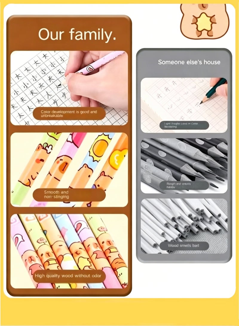 capybara 50 Pack Wooden HB Pencils with Eraser, Cute Cartoon Pattern – Black Writing & Drawing Pencils for Students, Exams, School, Office, and Home Sketching - Image 5