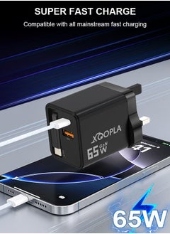 Xoopla 65W USB C Charger Adapter,GaN Super Fast Charging,Portability Travel Wall Charger,Built-ln 1.96FT Retractable Cable with Type-C Port and USB-A Port,Laptop Adapter Compatible for MacBook Air/Samsung/iPhone/iPad/Galaxy/Huawei/Xiaomi/Google Pixel/Apple Watch and More Device - UK Plug  - Image 3