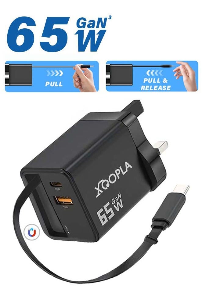 Xoopla 65W Charger Adapter, GaN Super Fast Charging, Portable Travel Wall Charger, Built-in Retractable Charging Cable, Type-C/USB Dual Interface, iPhone/Android/Tablet, Compact, Safe and Durable - Image 1