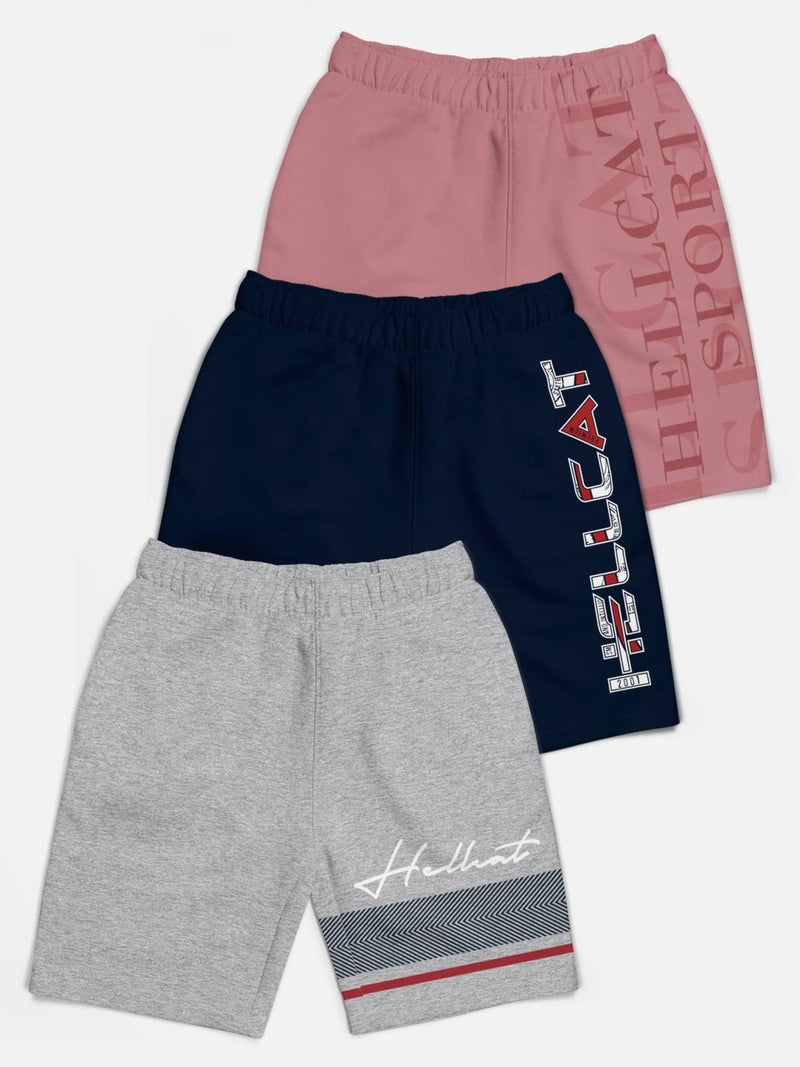 HELLCAT Pack of 3 Trendy Typographic Printed Mid Rise Shorts for Boys - Grey Melange/Navy Blue/Pink / 7-8 Years - Image 2