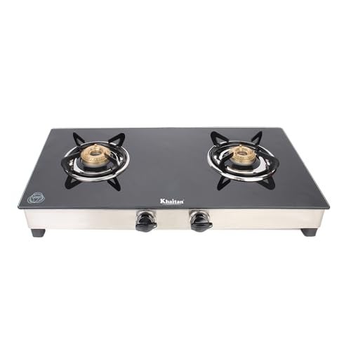 Khaitan RockStrong 2 Burner RECT SS Black Toughened Glass | LPG Cooktop I Manual Ignition Stove | Ergonomic Knob | with 1 Year Warranty |LP Gas Stove | ISI Approved (Black) (2 Burner) - Image 1