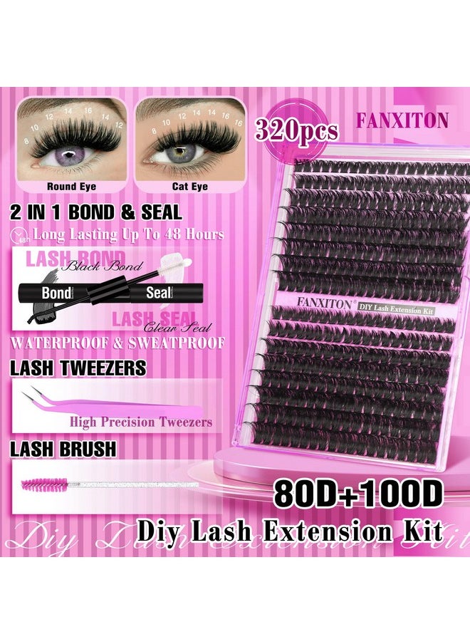 FANXITON Diy Lash Extension Kit Volume Thick Lash Clusters 80D+100D 320 Pcs Individual Lashes D Curl Eyelash Extension Kit Lash Bond And Seal And Tweezers For Lash Clusters Kit Diy At Home  - Image 1