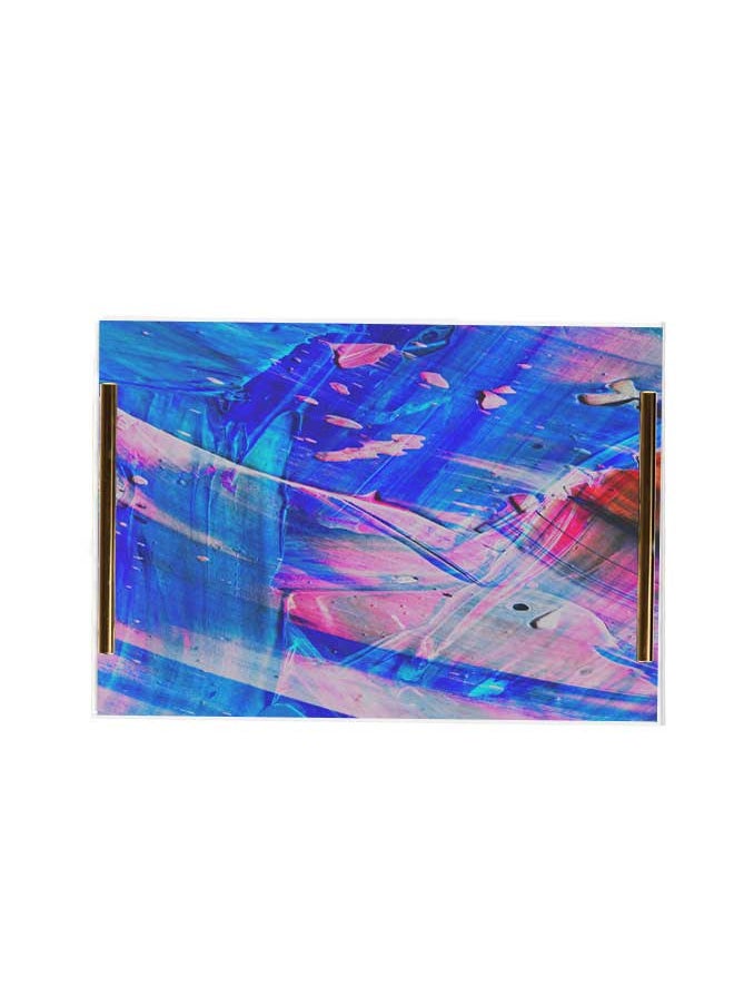 لوحة صينية تقديم أكريليك مزخرفة بتصميم رسم ألوان زاهية بمقابض معدنية ذهبية اللون مقاس ٣٤x٢٤سم  - Image 2
