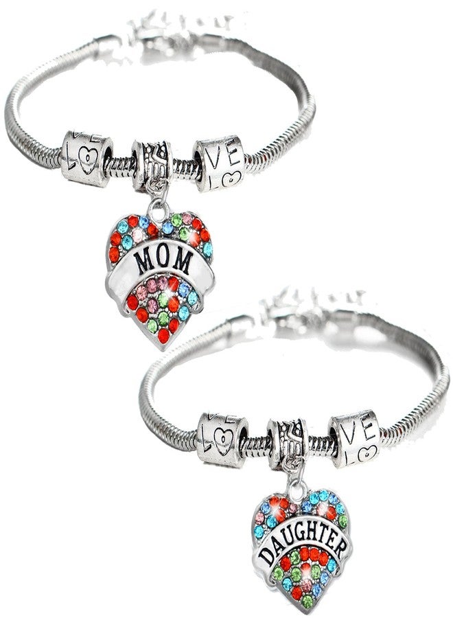 YEEQIN Set of 2 Crystal Heart Mom Daughter Charm Bracelet Jewelry Gift for Mother and Daughter (Multicolor) - Image 1
