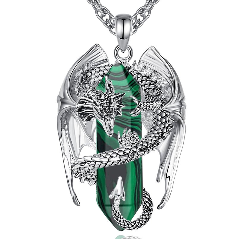 INFUSEU Malachite Dragon Necklace Green Stone Gift Jewelry for Men Women Healing Crystal Pendant Long Large Spiritual Protection Accessories Cool Viking Goth GothicUnique Present - Image 2