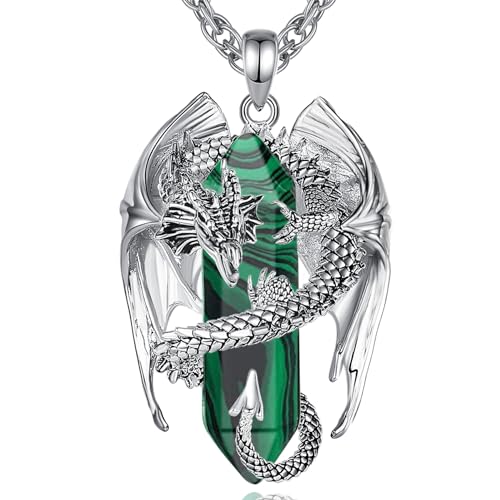 INFUSEU Malachite Dragon Necklace Green Stone Gift Jewelry for Men Women Healing Crystal Pendant Long Large Spiritual Protection Accessories Cool Viking Goth GothicUnique Present - Image 1