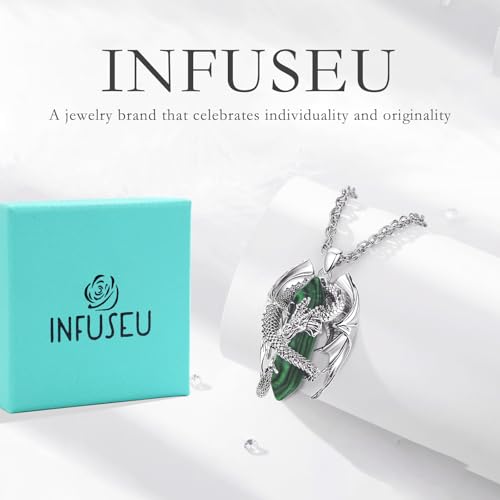 INFUSEU Malachite Dragon Necklace Green Stone Gift Jewelry for Men Women Healing Crystal Pendant Long Large Spiritual Protection Accessories Cool Viking Goth GothicUnique Present - Image 3