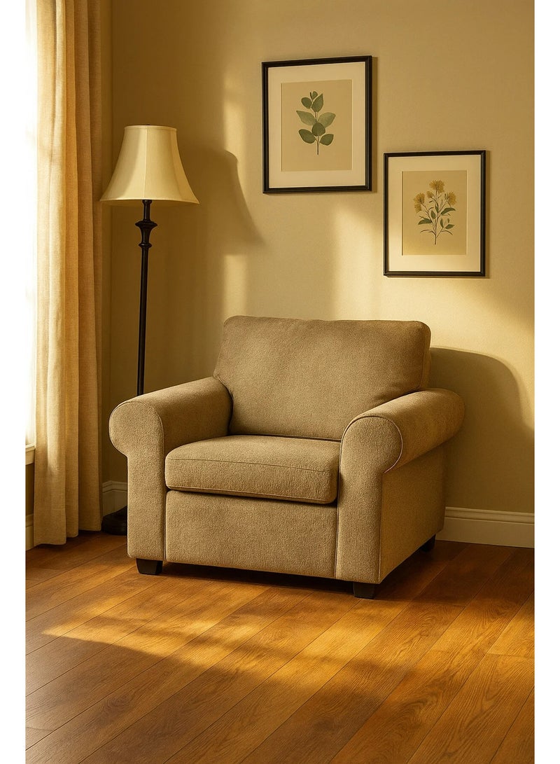 MARIA HOMES Modern Light Brown Fabric Armchair with Rolled Armrests and Plush Cushions | Comfortable Single Seater Sofa Chair for Living Room, Bedroom & Lounge - Image 1