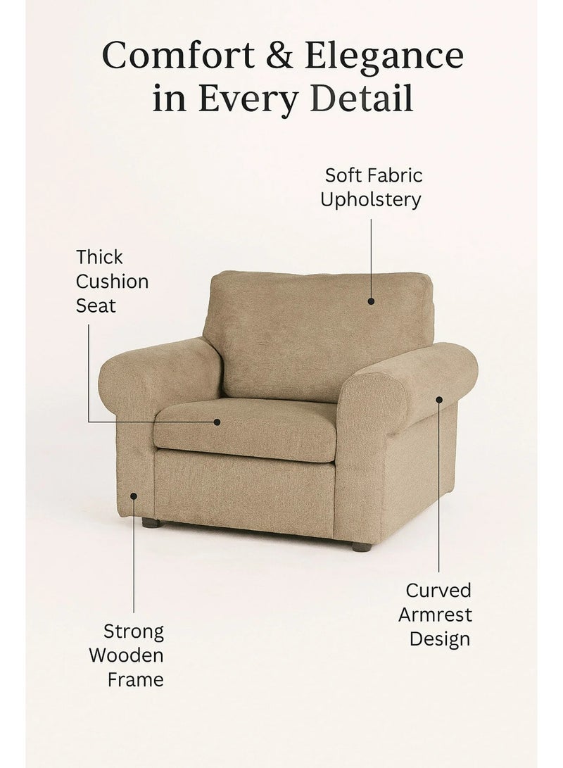 MARIA HOMES Modern Light Brown Fabric Armchair with Rolled Armrests and Plush Cushions | Comfortable Single Seater Sofa Chair for Living Room, Bedroom & Lounge - Image 2