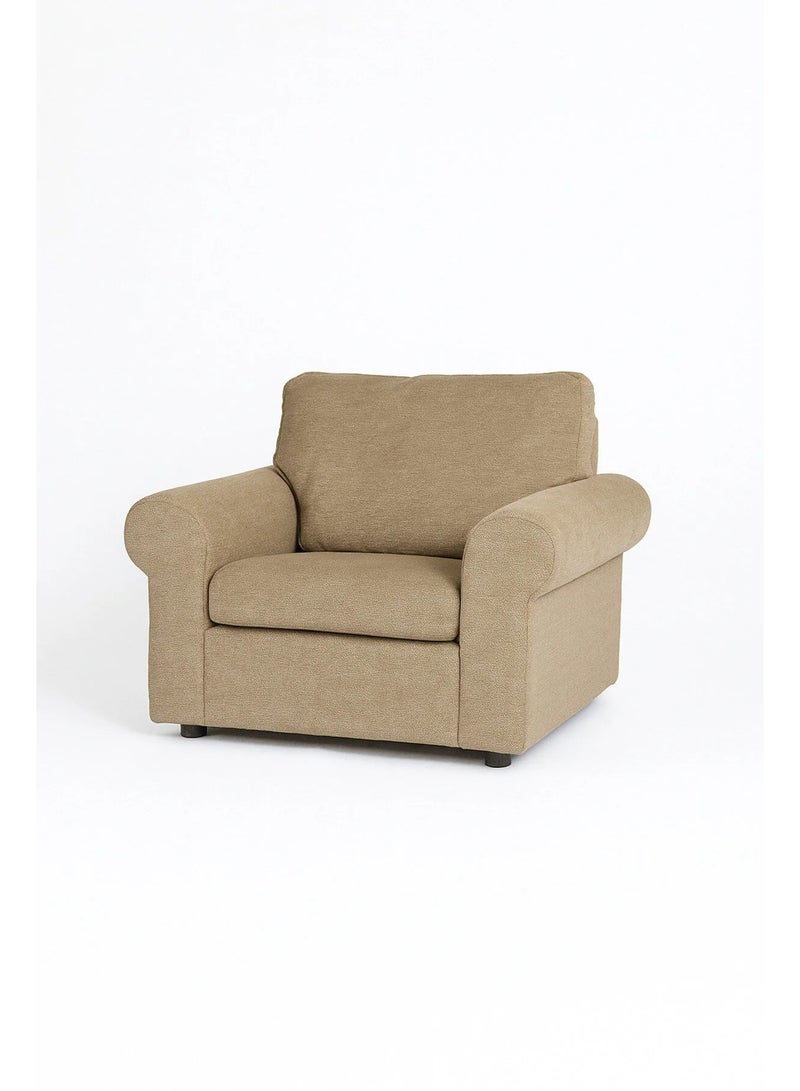 MARIA HOMES Modern Light Brown Fabric Armchair with Rolled Armrests and Plush Cushions | Comfortable Single Seater Sofa Chair for Living Room, Bedroom & Lounge - Image 3