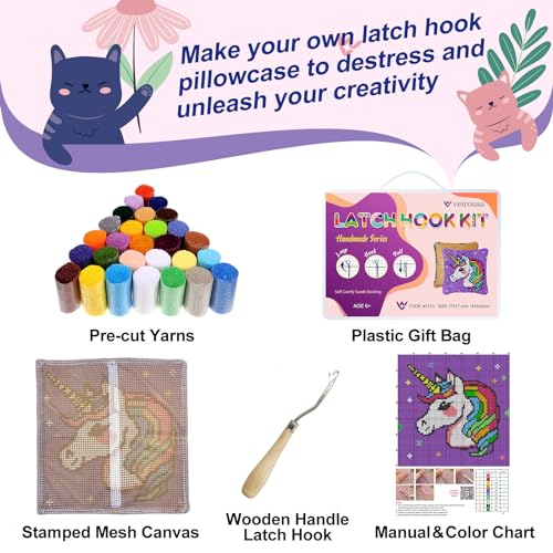 veirousa Unicorn Princess Latch Hook Kits for Adults Kids, Beginners DIY Throw Pillow Kit Pre-printed Pillowcase Hook and Latch Rug Kits Cross-stitch Cushion Cover for Home Sofa Decor Gift Idea 17x17 inch - Image 2