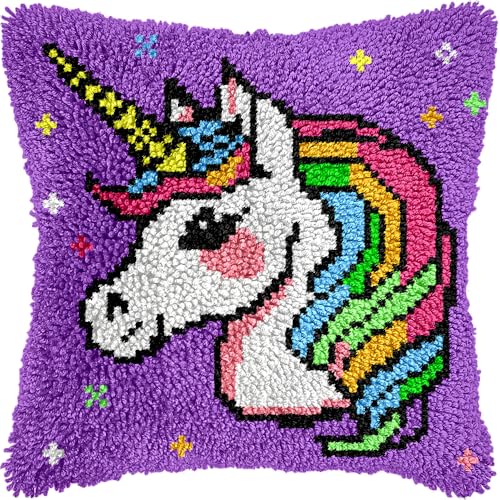 veirousa Unicorn Princess Latch Hook Kits for Adults Kids, Beginners DIY Throw Pillow Kit Pre-printed Pillowcase Hook and Latch Rug Kits Cross-stitch Cushion Cover for Home Sofa Decor Gift Idea 17x17 inch - Image 1