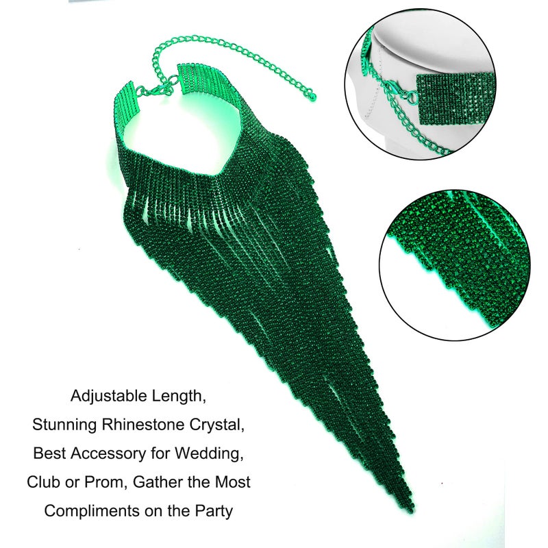 Flyonce Green Statement Collar Necklace for Women, Glitter Rhinestone Fringe Bib Necklaces Costume Jewelry for Wedding Prom Party - Image 4