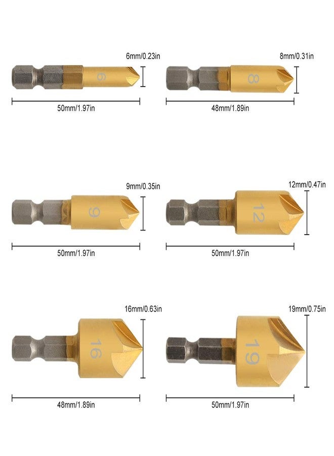 COMOWARE Countersink Drill Bit Set- 6 Pcs Counter Sinker Drill Bits for Wood, Quick Change, 1/4'' Hex Shank, HSS, 5 Flute 90 Degree Center Punch Tool, 6mm 8mm 9mm 12mm 16mm 19mm with Center Punch - Image 3
