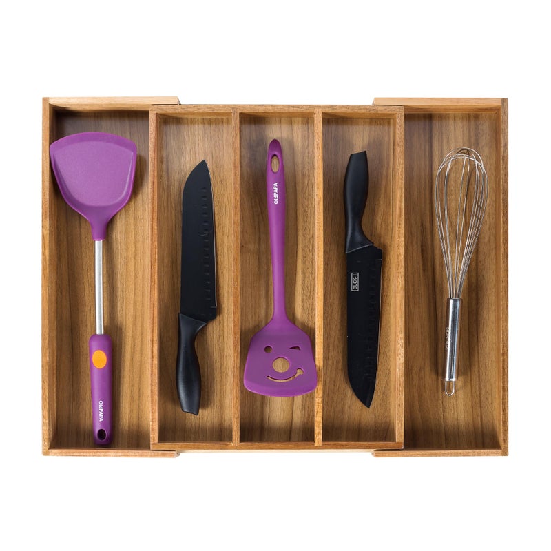 Utoplike Acacia Kitchen Drawer Organizer Expandable, Large Utensils and Cutlery Tray, Adjustable Silverware Divider for Knives Flatware - Image 1