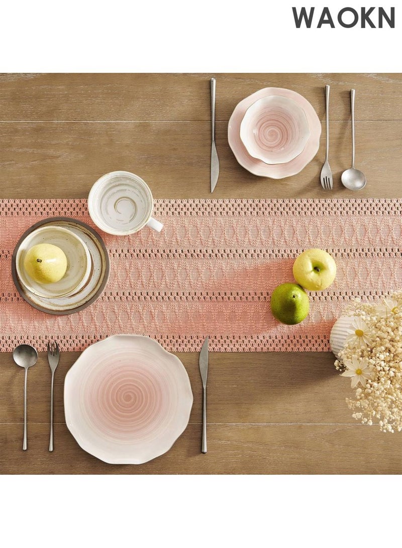 دبليو أيه أو كي أن مفرش طاولة منسوج يدويًا - طراز بوهيمي، مقاس ١٢×٤٨ بوصة، مزين باللون الوردي | نقش هندسي عربي لرمضان/العيد/المطبخ الريفي | حواف مزينة بشراشيب وحرفية راقية | أناقة منزلية شرق أوسطية - Image 4