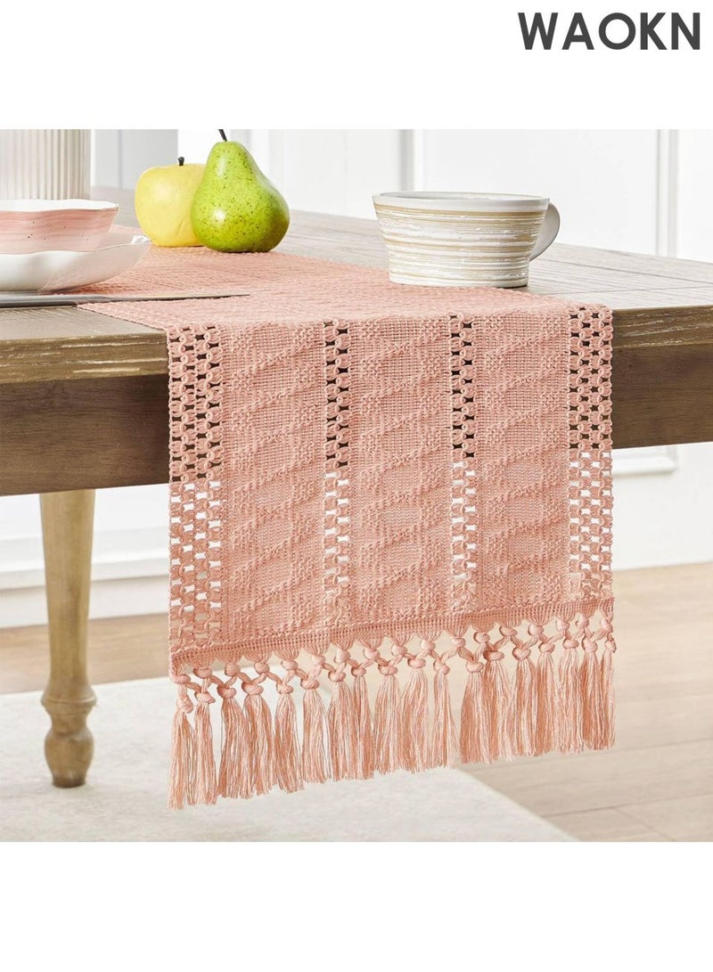 دبليو أيه أو كي أن مفرش طاولة منسوج يدويًا - طراز بوهيمي، مقاس ١٢×٤٨ بوصة، مزين باللون الوردي | نقش هندسي عربي لرمضان/العيد/المطبخ الريفي | حواف مزينة بشراشيب وحرفية راقية | أناقة منزلية شرق أوسطية - Image 1
