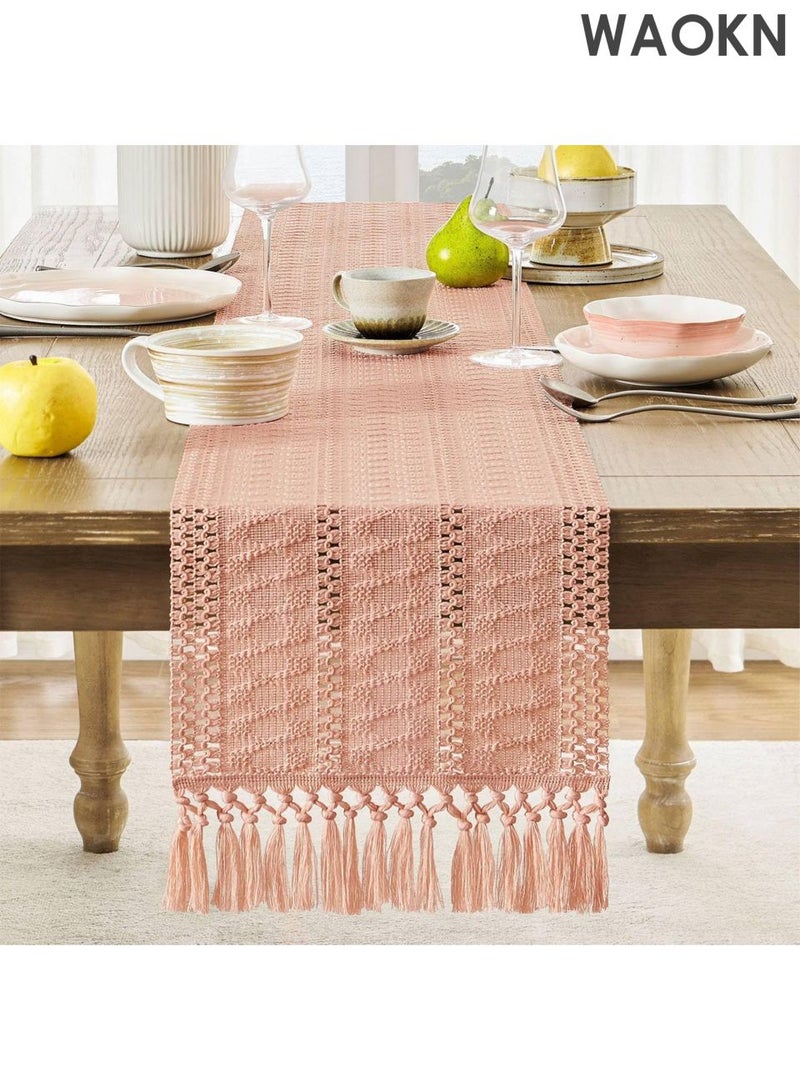 دبليو أيه أو كي أن مفرش طاولة منسوج يدويًا - طراز بوهيمي، مقاس ١٢×٤٨ بوصة، مزين باللون الوردي | نقش هندسي عربي لرمضان/العيد/المطبخ الريفي | حواف مزينة بشراشيب وحرفية راقية | أناقة منزلية شرق أوسطية - Image 2