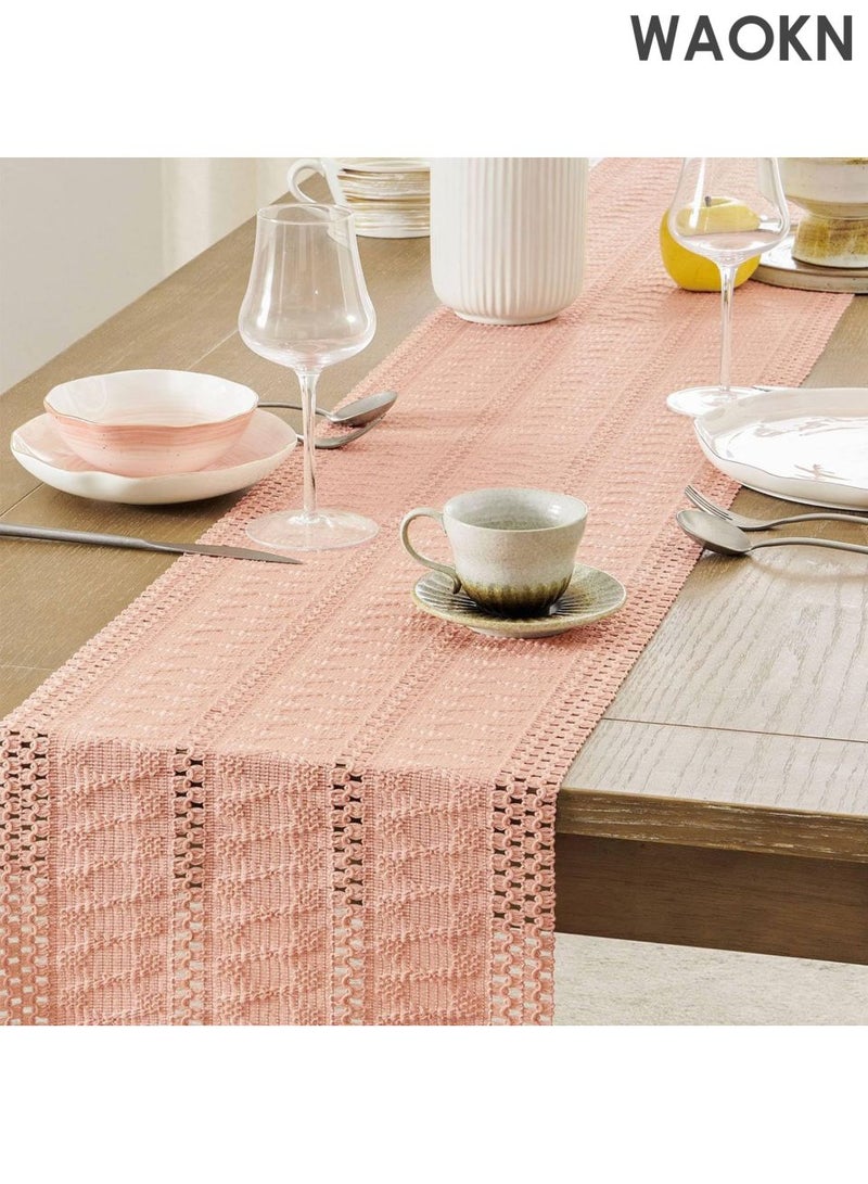 دبليو أيه أو كي أن مفرش طاولة منسوج يدويًا - طراز بوهيمي، مقاس ١٢×٤٨ بوصة، مزين باللون الوردي | نقش هندسي عربي لرمضان/العيد/المطبخ الريفي | حواف مزينة بشراشيب وحرفية راقية | أناقة منزلية شرق أوسطية - Image 5