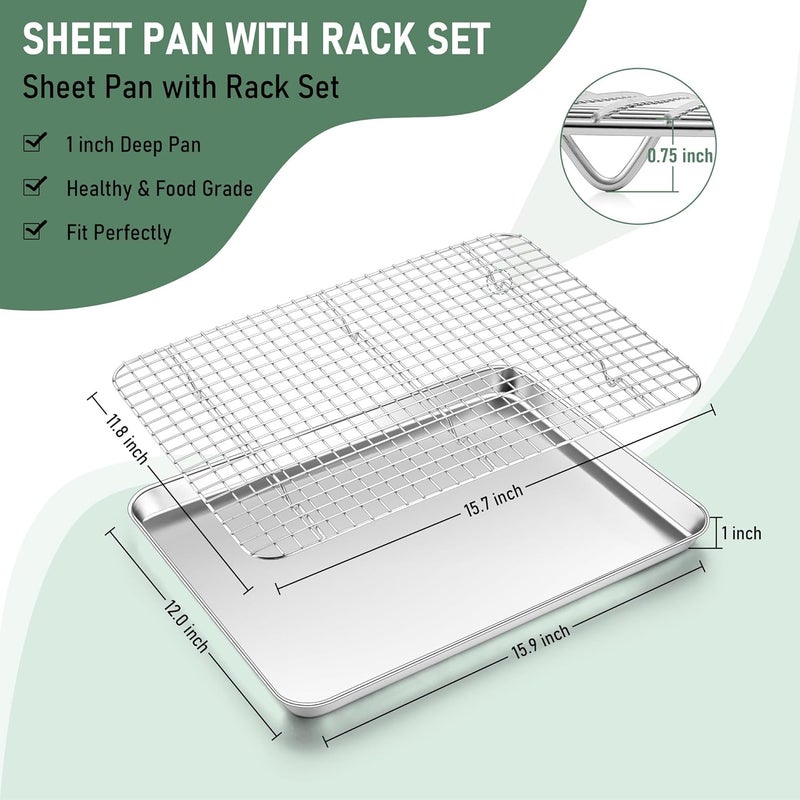 Homikit Baking Sheet with Wire Rack, 16" x 12" Stainless Steel Cookie Sheet Bacon Pan for Oven, Nonstick Jelly Roll Pan Baking Tray with Grid Cooling Rack Set for Cooking Roasting, Dishwasher Safe - Image 2
