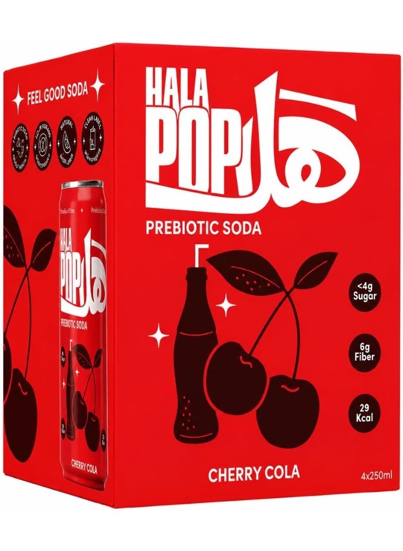 HalaPop Prebiotic Soda, Cherry Cola - An All Natural, Sparkling Prebiotic Beverage With Plant Based Fiber To Support Gut Health And Digestive Wellness | No Added Sugar - 4 Pack (250 ml each) - Image 1