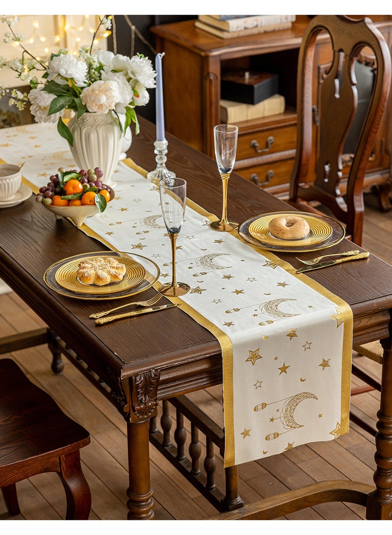 HomeNoor Ivory Ramadan Eid Table Runner, Gold Moon Star Foil Print, Elegant Home Decor for  Festival Banquet Wedding Daily Use, 33×180CM - Image 1