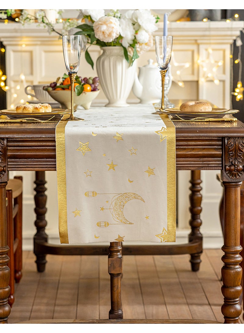 HomeNoor Ivory Ramadan Eid Table Runner, Gold Moon Star Foil Print, Elegant Home Decor for  Festival Banquet Wedding Daily Use, 33×180CM - Image 2