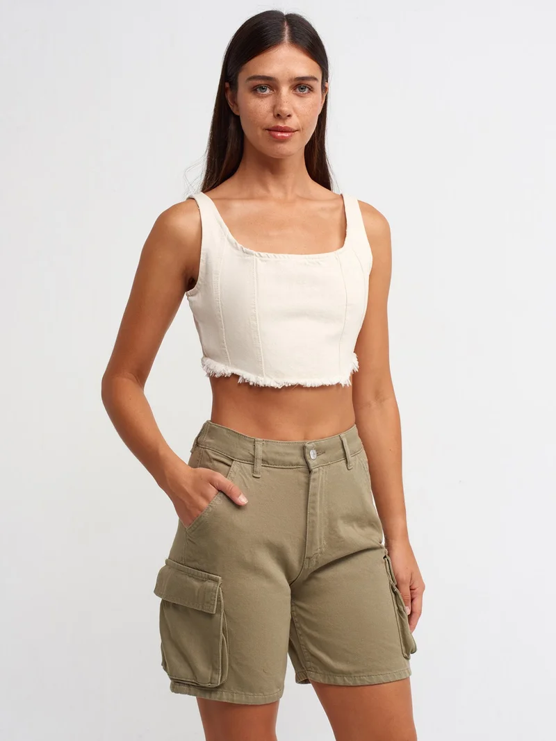 ديلفين 70889 Cotton Denim Shorts with Side Pockets-Khaki