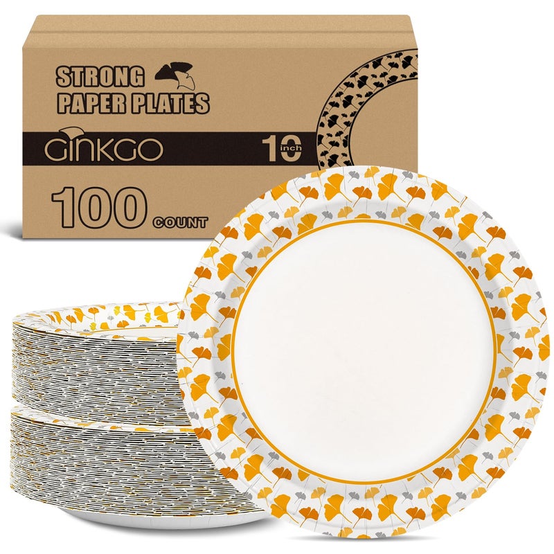 Ginkgo Paper Plates 10 Inch Bulk 100 Count  Heavy Duty Disposable Thanksgiving Plates and Fall Friends Party Paper Plates and Daily Use - Image 1