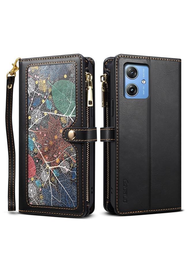 erorex - For Motorola Moto G54 5G Global ESEBLE Star Series Lanyard Zipper Wallet RFID Leather Case(Black) - Image 1