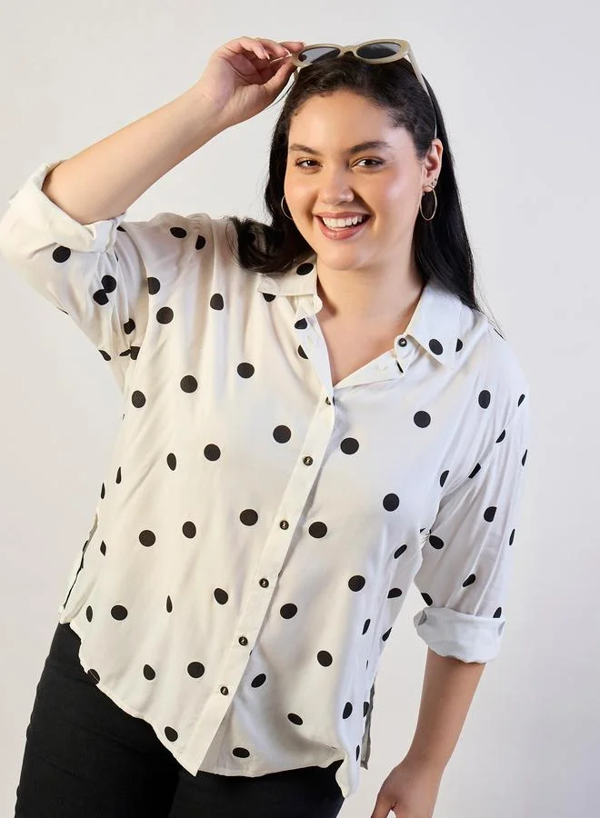 SASSAFRAS Plus Size Polka Dot Print Long Sleeves Shirt