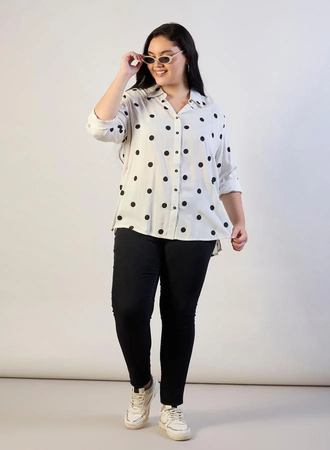 SASSAFRAS Plus Size Polka Dot Print Long Sleeves Shirt
