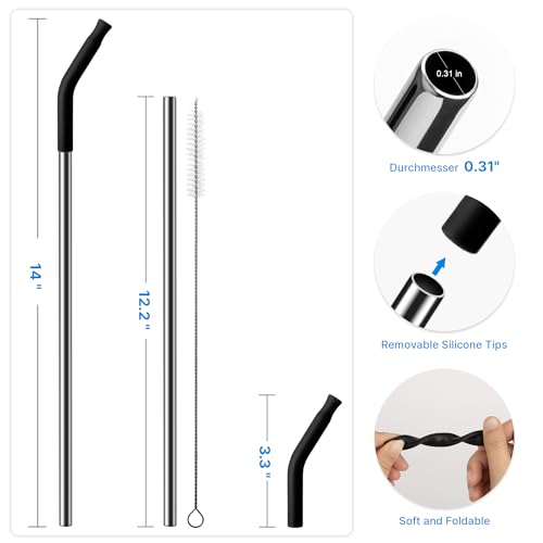 Bluwing Metal Straw with Silicone Tip for 40oz Stanley Cup, 2 Pcs Stainless Steel Straws Replacement for Stanley 40 oz Adventure Quencher Travel Tumbler Cup, 1 Straw Brush (Black) - Image 3