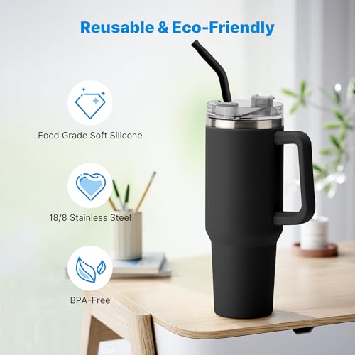 Bluwing Metal Straw with Silicone Tip for 40oz Stanley Cup, 2 Pcs Stainless Steel Straws Replacement for Stanley 40 oz Adventure Quencher Travel Tumbler Cup, 1 Straw Brush (Black) - Image 4