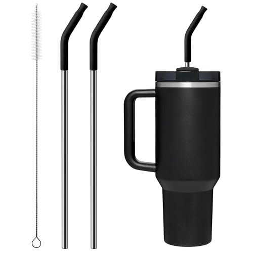 Bluwing Metal Straw with Silicone Tip for 40oz Stanley Cup, 2 Pcs Stainless Steel Straws Replacement for Stanley 40 oz Adventure Quencher Travel Tumbler Cup, 1 Straw Brush (Black) - Image 1
