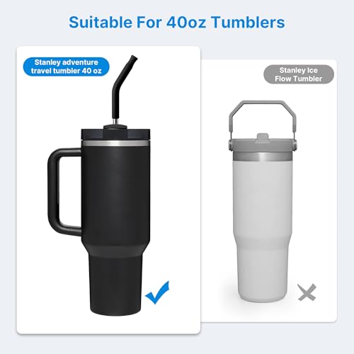 Bluwing Metal Straw with Silicone Tip for 40oz Stanley Cup, 2 Pcs Stainless Steel Straws Replacement for Stanley 40 oz Adventure Quencher Travel Tumbler Cup, 1 Straw Brush (Black) - Image 2
