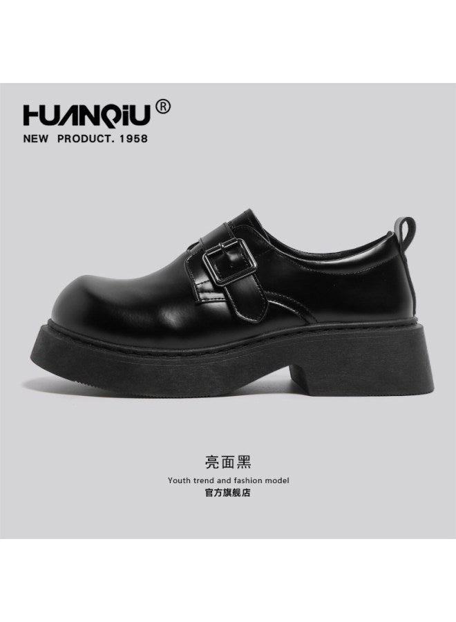 Global Black Derby Shoes Men's  Spring High-end Thick Sole Leather Shoes Slip-on Loafers